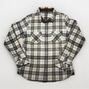 Kuhl Plaid Grey  White Brown Full Snap Corduroy Collar Flannel Shirt S